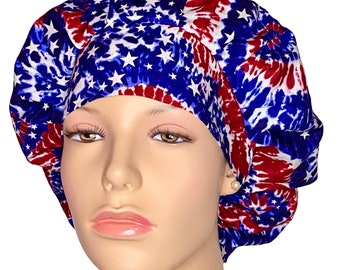 Scrub Caps Patriotic Tie Dye-Bouffant Scrub Cap-Scrub Hats For Women-Surgical Hats-Surgical Cap-ScrubHeads-Tie Dye Scrub Hat-Etsy Scrub Hat