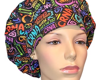 Scrub Cap Anesthesia CRNA On Black Fabric-ScrubHeads-Bouffant Scrub Hat-CRNA Scrub Hat-Anesthesiologist-Sedation-General Anesthesia-Propofol