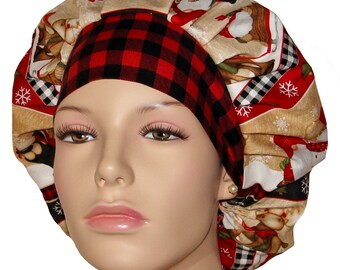 Scrub Cap Christmas Timber Gnomies Stripe-ScrubHeads-Bouffant Scrub Hat-Anesthesia Scrub Hat-Holiday Scrub Hats-Scrub Cap-Christmas Gnome
