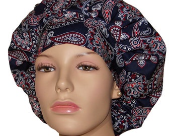 Scrub Hats Navy Bandana-ScrubHeads-Scrub Cap-Bouffant Scrub Hat-Fabric Scrub Hat-Women's Scrub Hat-Red White Blue-Paisley Bandana Scrub Hat