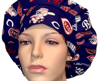 Scrub Caps Cincinnati Reds Navy Cooperstown Cotton Fabric-Bouffant Scrub Hat-ScrubHeads-Scrub Caps-Cincinnati Scrub Hat-Baseball Scrub Hats