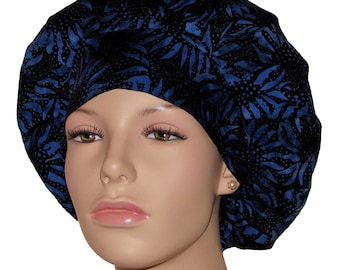 Scrub Hats Batik Sunflowers Black And Royal Blue-ScrubHeads-Scrub Cap-Batik Fabric-Floral Scrub Hat-Women's Scrub Hat-Floral Batik Scrub Hat