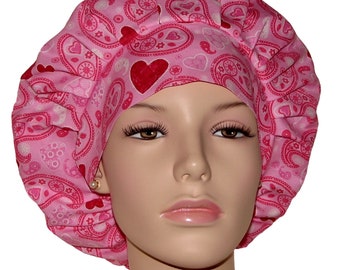 Scrub Hats Valentines Day Hearts Pink Paisley-ScrubHeads-Etsy Scrub Hats-Hearts Scrub Hat-Scrub Cap-Scrub Hats For Women-Bouffant Scrub Hat
