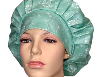 Scrub Hats Stitched Flowers Mint Green-ScrubHeads-Bouffant Scrub Hat-Scrub Hats For Women-Fabric Scrub Hat-Floral Scrub Hat-Etsy Scrub Hat