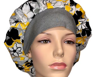 Scrub Caps Buttercup White Cotton Fabric-Scrubheads-Scrub Caps-Surgical Scrub Hat-Bouffant Scrub Hat-Floral Scrub Hat-Anesthesia Scrub Hat