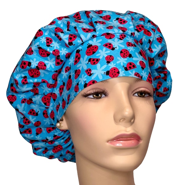 Scrub Caps Turquoise Garden Ladybugs-ScrubHeads-Scrub Hats For Women-Bouffant Scrub Cap-Ladybugs Scrub Hat-Pink Scrub Cap-Etsy Scrub Hats