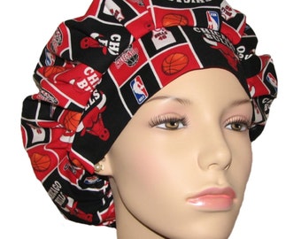 Chicago Bulls Basketball Fabric Scrub Hat For Women-ScrubHeads-Bouffant Scrub Hats-Chicago Scrub Hat-Bulls Scrub Hat-Basketball Scrub Hat