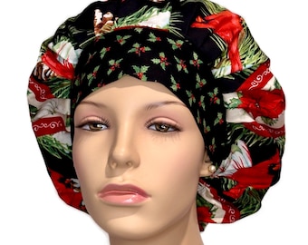 Scrub Caps Winter Cardinals Stripe Cotton Fabric-ScrubHeads-Scrub Cap-Bouffant Scrub Hat-Christmas Scrub Hats-Holiday Scrub Hat-Scrub Hat