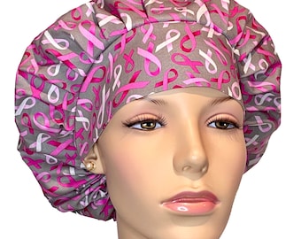 Scrub Caps BCA Pink Ribbons On Grey-ScrubHeads-Bouffant Scrub Hat-Scrub Cap-Fabric Scrub Hat-Awareness Scrub Hat-Etsy Scrub Hat-BCA Ribbons