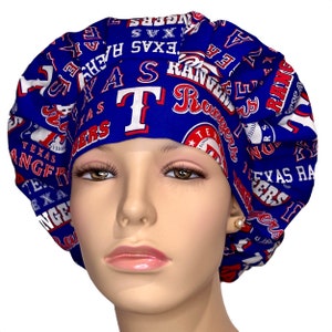 Scrub Caps Texas Rangers Words Blue Cotton Fabric-ScrubHeads-Baseball Scrub Hat-Scrub Hat For Women-Texas Scrub Hat-Bouffant Scrub Hat