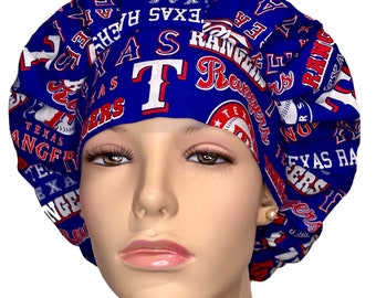 Scrub Caps Texas Rangers Words Blue Cotton Fabric-ScrubHeads-Baseball Scrub Hat-Scrub Hat For Women-Texas Scrub Hat-Bouffant Scrub Hat