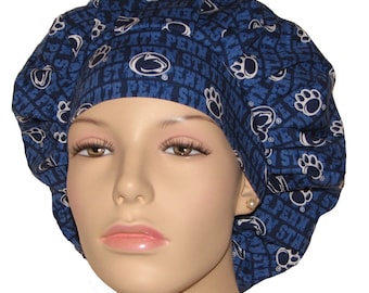 Penn State University Nittany Lions Scrub Hat For Women Blue Striped Fabric-Bouffant Scrub Hat-ScrubHeads-Surgical Scrub Hats-PSU Scrub Hat