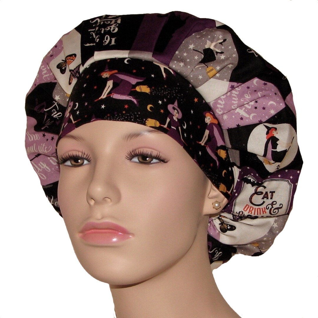 Scrub Caps Halloween Faboolous Squares Graybouffant Scrub Hatbouffant