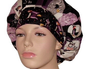 Scrub Caps Halloween Faboolous Squares Gray-Bouffant Scrub Hat-Bouffant Cap-ScrubHeads-Etsy Scrub Hats-Holiday Scrub Hat-Scrub Caps
