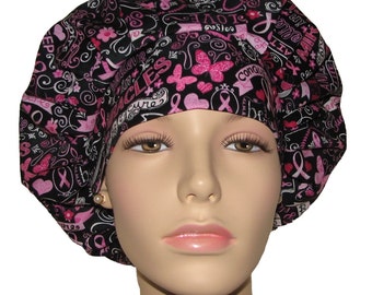 Scrub Caps Pink Ribbons BCA Chalkboard-ScrubHeads-Scrub Caps-Awareness Scrub Hat-Surgical Hat-Bouffant surgical scrub hat-Etsy Scrub Hats