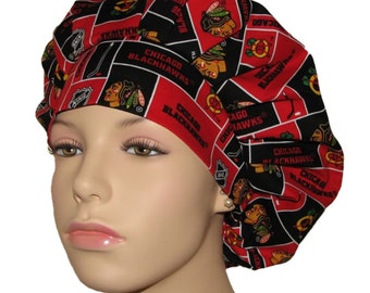 Chicago Blackhawks Scrub Hat For Women-ScrubHeads-NHL Cotton Fabric-Blackhawks Scrub Hat-Chicago Scrub Hat-Hockey Scrub Hat-Chicago Hockey