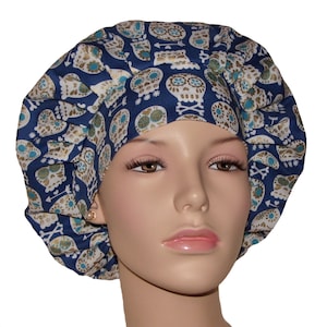Scrub Caps Bonehead Sugar Skulls Cadet Blue-ScrubHeads-Scrub Caps-Bouffant Scrub Hats-Surgical Scrub Hat-Women&#39;s Scrub Hat-Skulls Scrub Hat