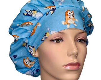 Scrub Caps Bluey And Bingo Fabric-Solid Blue-Pediatrics Scrub Hat-Scrub Cap-Bouffant Scrub Hat-ScrubHeads-Bluey Characters Scrub Hat