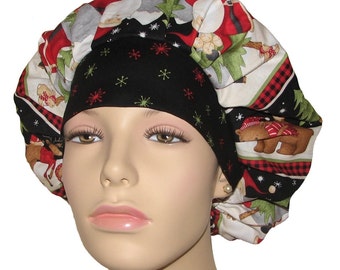 Scrub Caps Christmas Santa and Friends Wide Stripe Fabric-ScrubHeads-Scrub Cap-Surgical Caps-Bouffant Cap-Etsy Scrub Hats-Holiday Scrub Hats