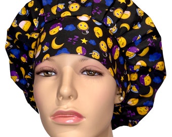 Scrub Cap Anesthesia Sleep Emojis On Black Cotton-ScrubHeads-Bouffant Scrub Hat-CRNA-Anesthesiologist-Sedation-General Anesthesia-Propofol