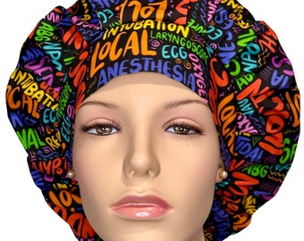 Scrub Cap Types Of Anesthesia Scribbles Black Fabric-ScrubHeads-Bouffant Scrub Hat-Anesthesiologist-Sedation-General Anesthesia-CRNA