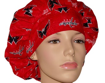 Scrub Caps Washington Capitals NHL Tossed Fabric-Bouffant Scrub Hats-Capitals Scrub Hat-Anesthesia Scrub Hat-Scrub Hats For Women-ScrubHeads