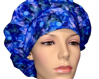 Scrub Caps Alcohol Inks Indigo Cotton Fabric-Scrubheads-Scrub Caps-Surgical Scrub Hat-Bouffant Scrub Hat--Anesthesia Scrub Hat