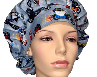 Scrub Hats Biker Gnomes-ScrubHeads-Biker Scrub Hat-Scrub Caps-Scrub Hats For Women-Anesthesia Scrub Hat-Gnomes Bikes-Fabric Scrub Hats