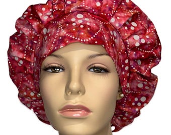 Scrub Caps Pink Batik A Nod To Mod-ScrubHeads-Fabric Scrub Hats-Women's Scrub Hat-Batik Scrub Hat-Etsy Scrub Hat-Bouffant Hat-Pink Batik