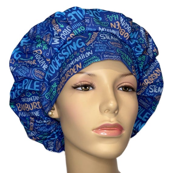 Scrub Cap Sterile Processing On Blue Fabric-ScrubHeads-Bouffant Scrub Hat-CSP Technician-Steam Autoclave-Ethylene Oxide-Bioburden-Sterilize