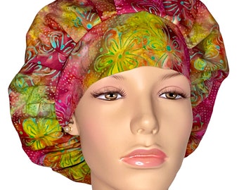 Scrub Caps Batik Multicolor Simple Blooms-ScrubHeads-Fabric Scrub Hats-Women's Scrub Hat-Batik Scrub Hat-Etsy Scrub Hats-Bouffant Hat