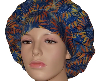 Scrub Caps Batik Sunflowers Blue And Yellow-ScrubHeads-Scrub Caps-Batik Fabric-Surgical Nursing-Women's Scrub Hat-Floral Batik Scrub Hat