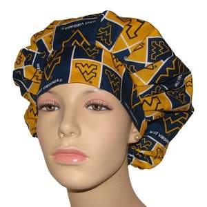 Scrub Caps West Virginia University Mountaineers Cotton Fabric-Scrub Hats For Women-Bouffant Scrub Hat-Anesthesia Scrub Hat-West Virginia