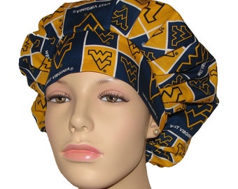 Scrub Caps West Virginia University Mountaineers Cotton Fabric-Scrub Hats For Women-Bouffant Scrub Hat-Anesthesia Scrub Hat-West Virginia