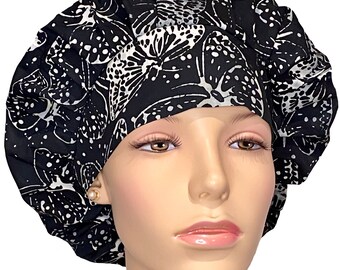 Batik Black And White Butterflies Scrub Hat-Scrub hats-Scrub Caps-ScrubHeads-Surgical Hat-Surgical Cap-Bouffant Scrub Hat-Women's Scrub Hat
