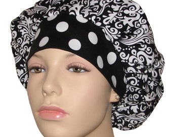 Scrub Caps Damask Black And White-ScrubHeads-Scrub Caps-Scrub Hats-Surgical Cap-Bouffant Scrub Hat-Damask Scrub Hat-Anesthesia Scrub Hat