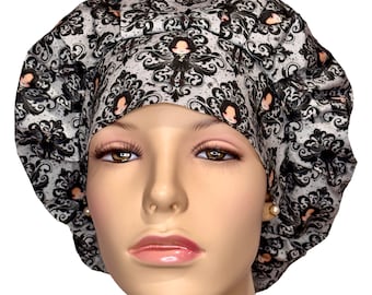 Scrub Caps Damask Wednesday Fabric-ScrubHeads-Scrub Cap-Scrub Hats For Women-Fun Scrub Hat-Anesthesia Scrub Hat-Addams Family-Gray Damask