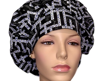 Scrub Cap Anesthesia Crossword Puzzle On Black Fabric-ScrubHeads-Bouffant Scrub Hat-Anesthesiologist-Sedation-General Anesthesia-CRNA