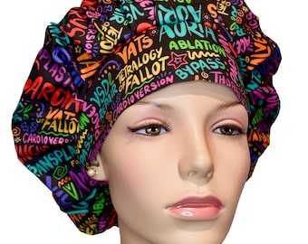 Scrub Cap Cardiothoracic Scribbles On Black Fabric-ScrubHeads-Bouffant Scrub Hat-Aorta Aneurysm-Angioplasty ASD Bypass Valve-Cardiac Nurse-