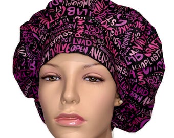 Scrub Cap Cardiac Cath Lab Scribbles On Black Fabric-ScrubHeads-Bouffant Scrub Hat-VSD Fick Stemi Lvad-Angioplasty-Cardioversion