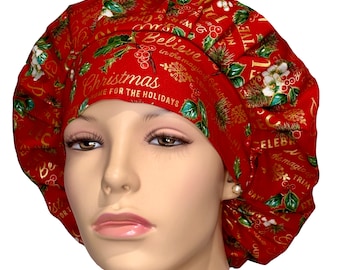 Scrub Caps Red Seasons Greetings-ScrubHeads-Christmas Scrub Hats-Anesthesia Scrub Hat-Merry Christmas-Bouffant Scrub Hat-Women's Scrub Hat