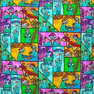 May include: A colorful, comic book-style pattern featuring cartoon surgeons with different specialties. The specialties include: Neuro, Spine, Ortho, Uro, Plastics, Gen Surg, and Cardio. Each surgeon is holding a symbol representing their specialty.