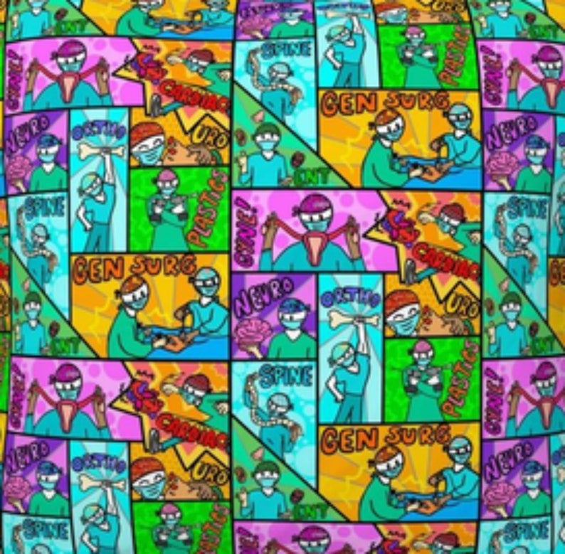 May include: A colorful, comic book-style pattern featuring cartoon surgeons with different specialties. The specialties include: Neuro, Spine, Ortho, Uro, Plastics, Gen Surg, and Cardio. Each surgeon is holding a symbol representing their specialty.