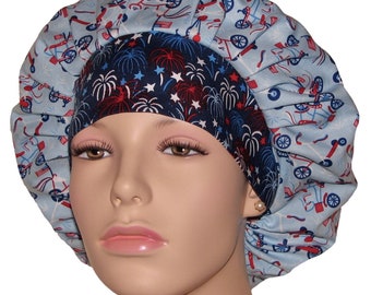 Scrub Caps Patriotic Star Spangled Bikes-ScrubHeads-Bouffant Scrub Hat-Patriotic Scrub Hat-Holiday Scrub Hat-Scrub Cap-Surgical Scrub Cap