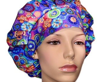 Scrub Caps Packed Bright Artisan Geo Cotton Fabric-ScrubHeads-Scrub Cap-Scrub Hats For Women-Scrub Hat-Folk Art Flowers-Fabric Scrub Hats
