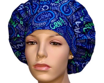CRNA Scribbles Scrub Cap Anesthesia On Blue Fabric-ScrubHeads-Bouffant Scrub Hat-CRNA Scrub Hat-Anesthesiologist-Sedation-General Anesthesia