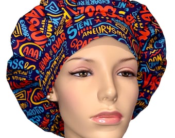 Scrub Cap OR Vascular Scribbles On Navy Fabric-ScrubHeads-Bouffant Scrub Hat- OR Vascular Nurse Scrub Hat-Aneurysms CVICU-Cardiac Surgery