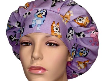 Scrub Caps Playful Bluey Characters On Purple Fabric-Pediatrics Scrub Hat-Scrub Cap-Bouffant Scrub Hat-ScrubHeads-Bluey Characters Scrub Hat