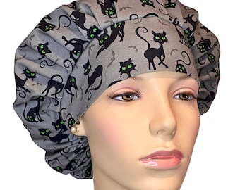 Scrub Caps Halloween Black Cats Crossing-Bouffant Scrub Hats-Women's Scrub Hats-ScrubHeads-Scrub Caps-Veterinarian Hat-Fabric Scrub Hats
