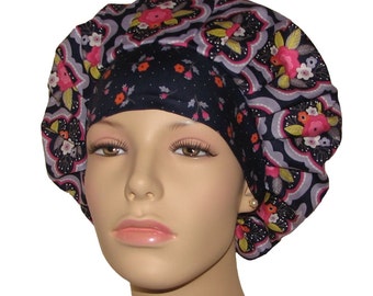 Scrub Caps Paradise Damask Dark Purple-Bouffant Scrub Hats-ScrubHeads-Damask Scrub Hat-Surgical Cap For Women-Scrub Caps-Floral Scrub Hat